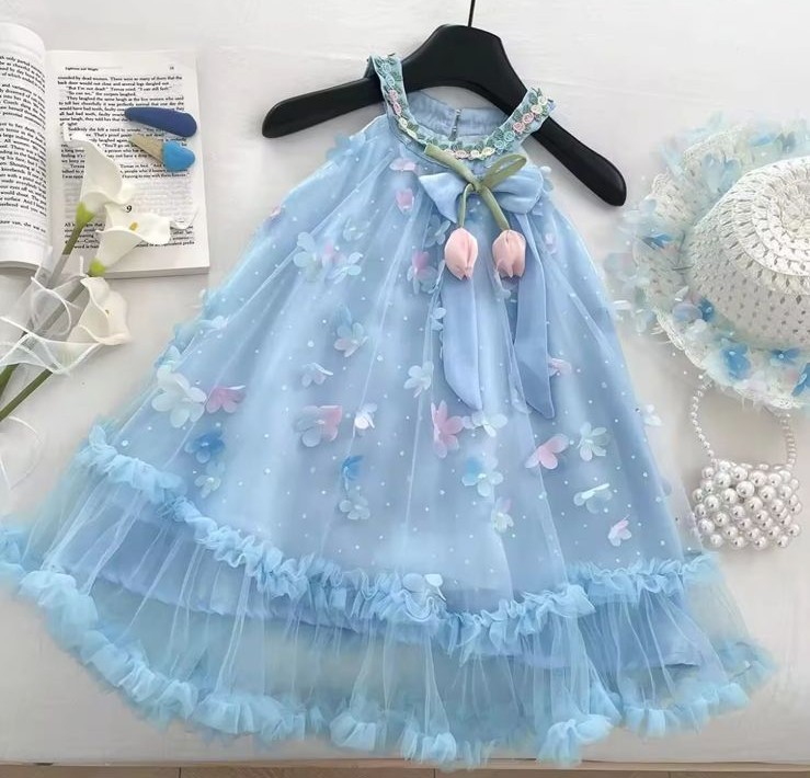 Girls 3D Flower Glitter Soft Net Princess Dress