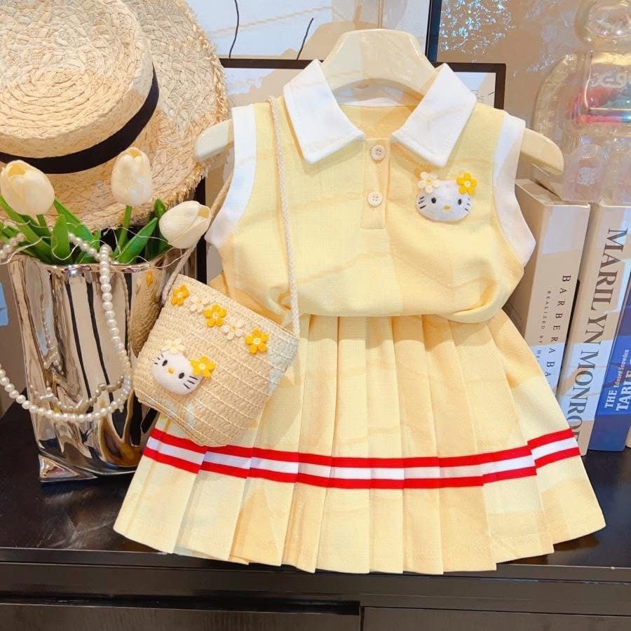 Girls Sleeveless Polo Collar Skirt Set