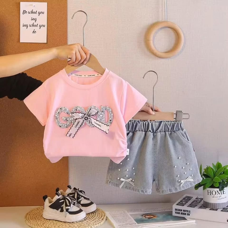 pink sequence work tshirt with denim pant