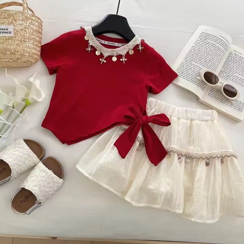 red and white skirt set